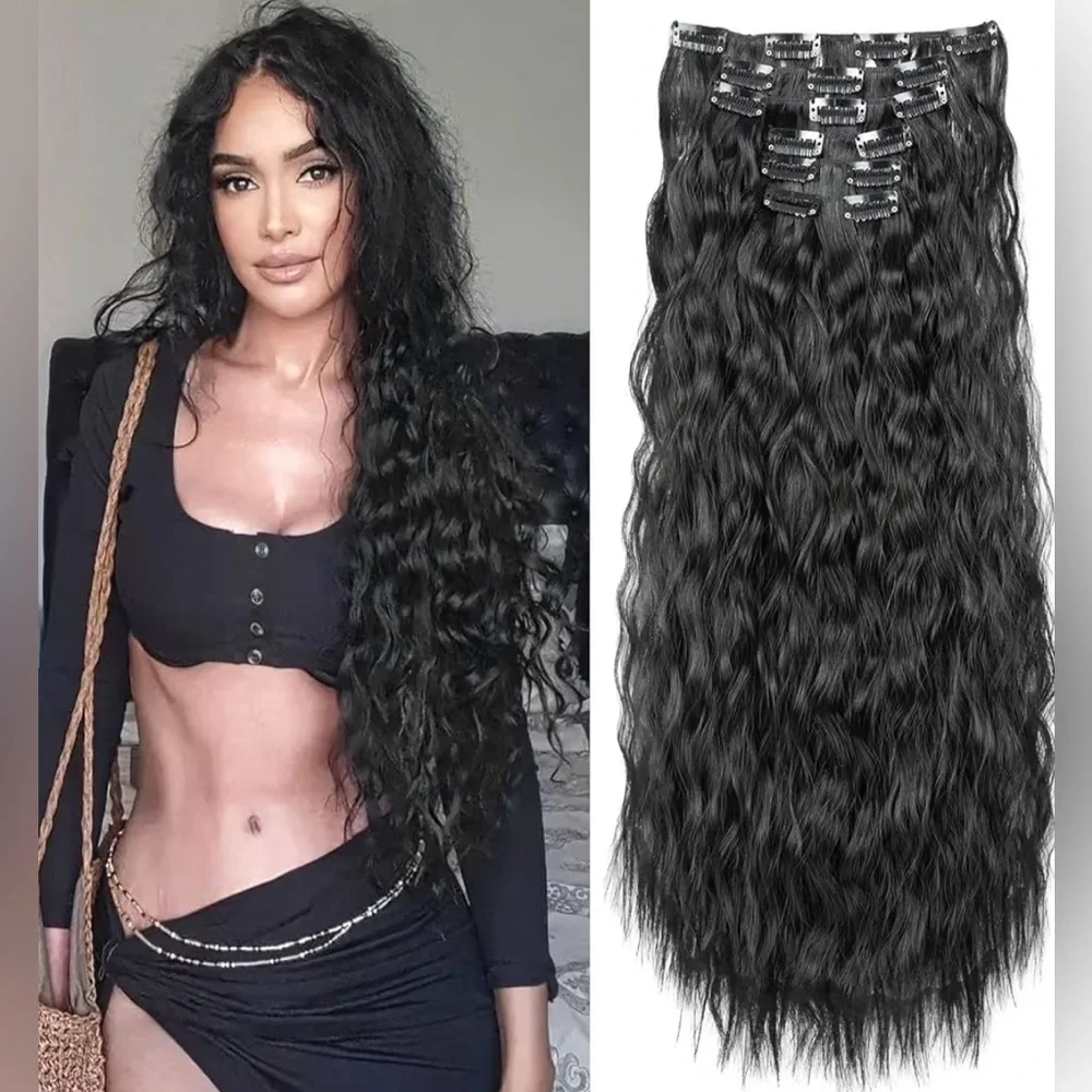 22” Black Curly  Clip-In Hair Extensions Human Hair Blend Full Set with‎ Clips